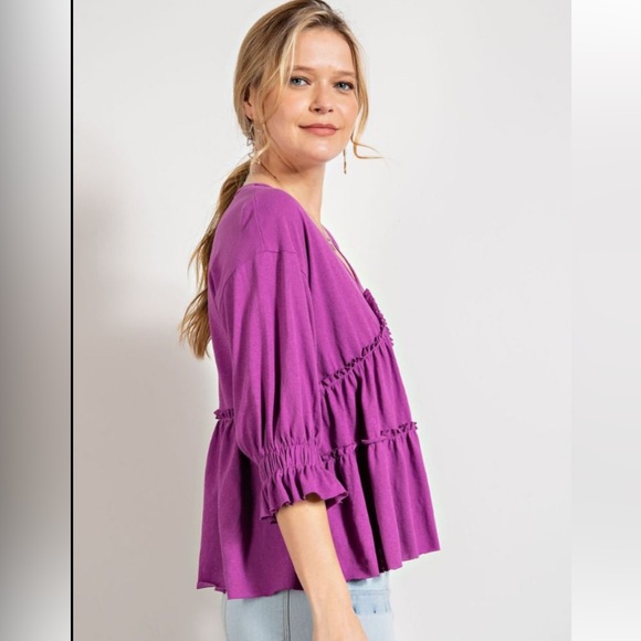 Easel Purple Ruffle V-Neck Top - Picture 2 of 3